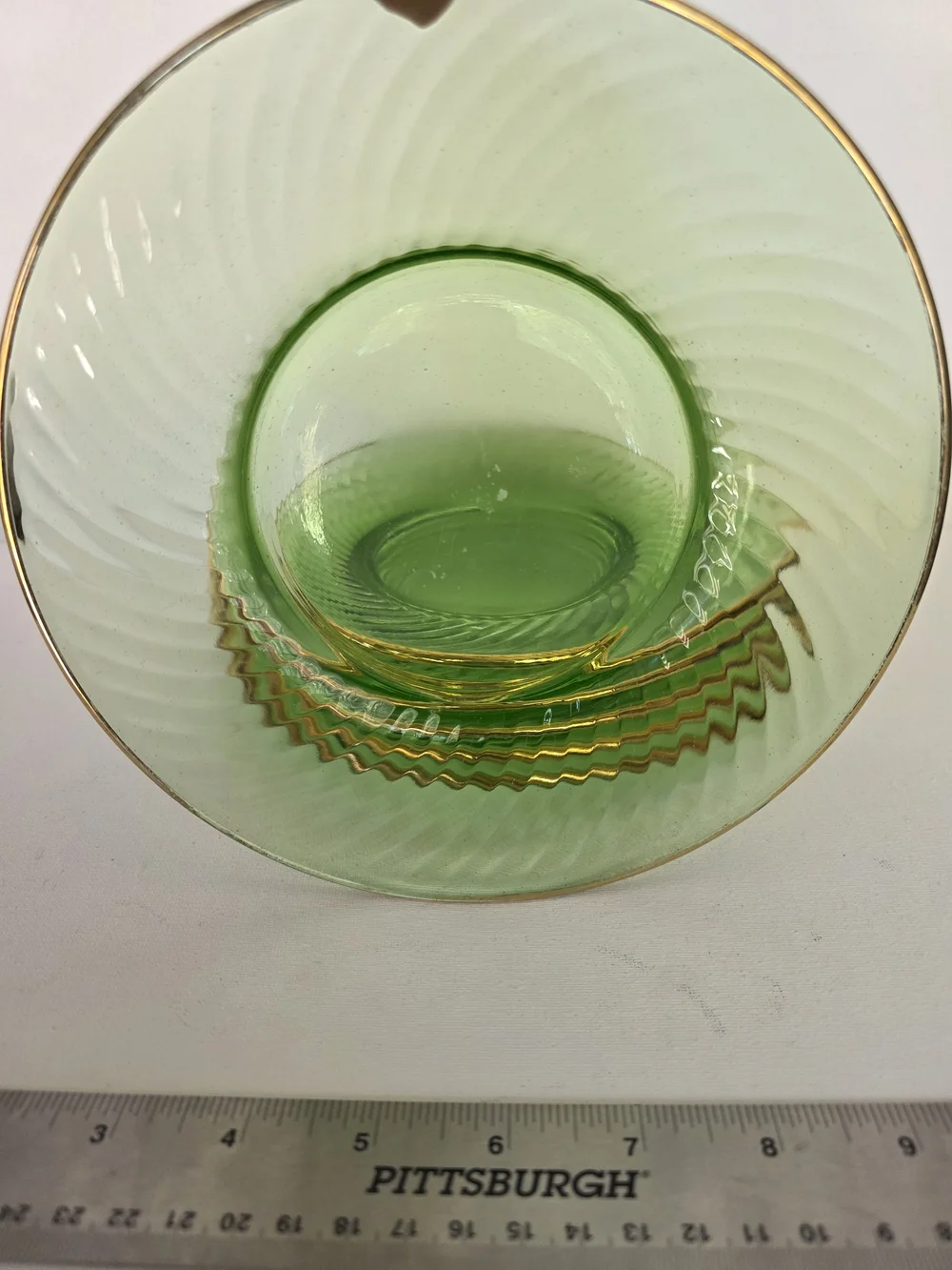 Vintage Hocking Green Glass Dinner Saucers with Gold Rim - Set of 6